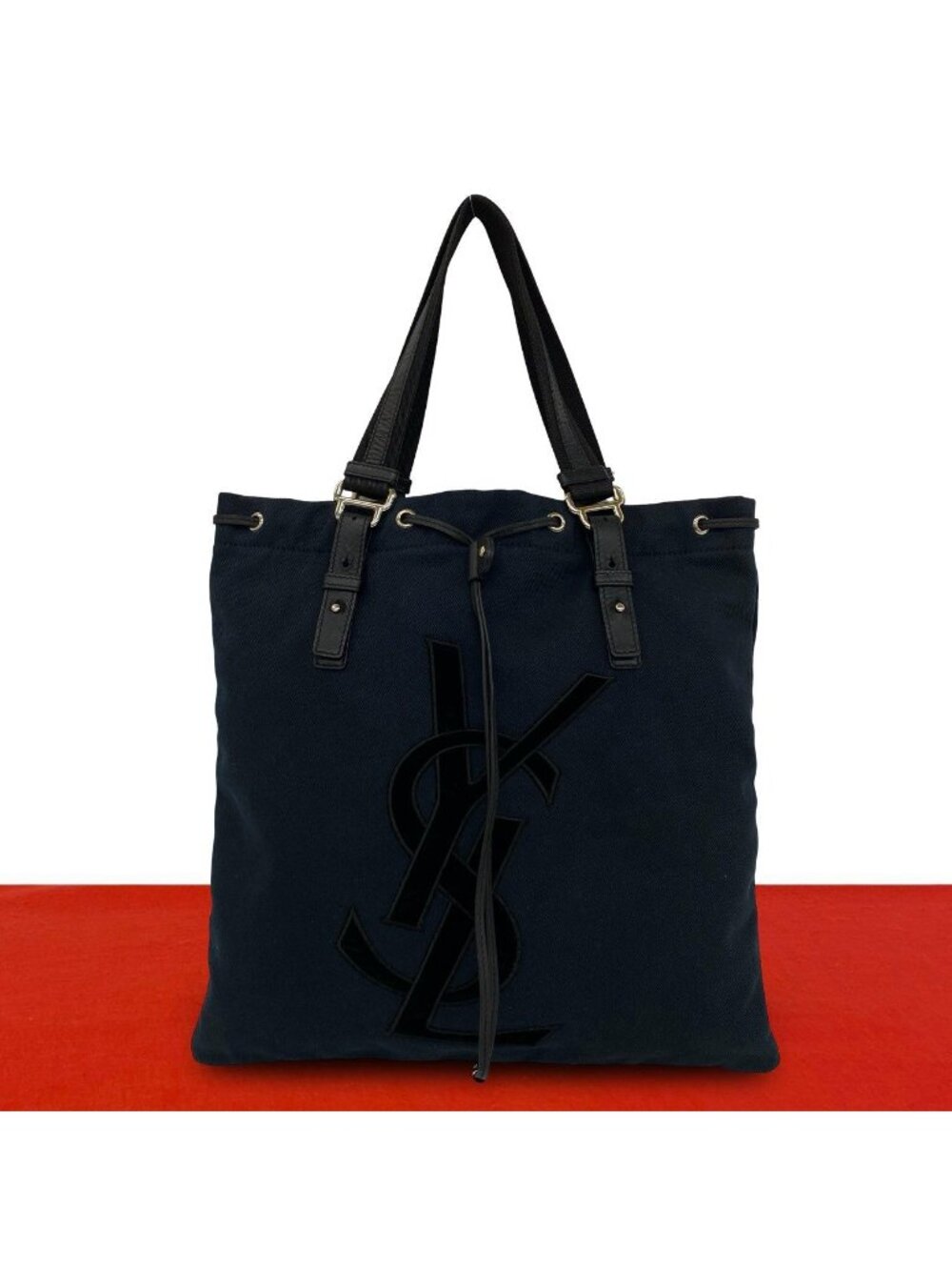 Saint Laurent YSL Logo Canvas Velour Leather Tote Bag Navy